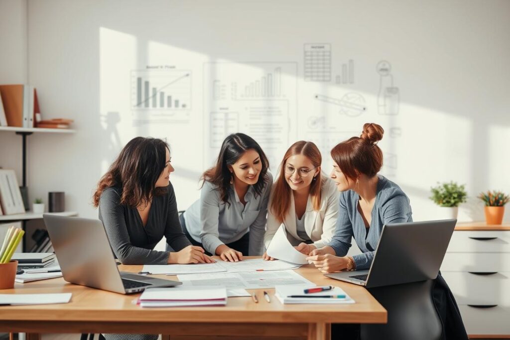 A neatly organized workspace with a desk, laptop, and various office supplies, conveying a sense of professionalism and productivity. In the foreground, a group of aestheticians collaborating, their expressions focused as they discuss plans and strategies for their business. The lighting is soft and natural, creating a warm and inviting atmosphere. The background features a stylized illustration or blueprint of a business plan, hinting at the importance of having a clear and well-thought-out plan for success in the aesthetics industry.