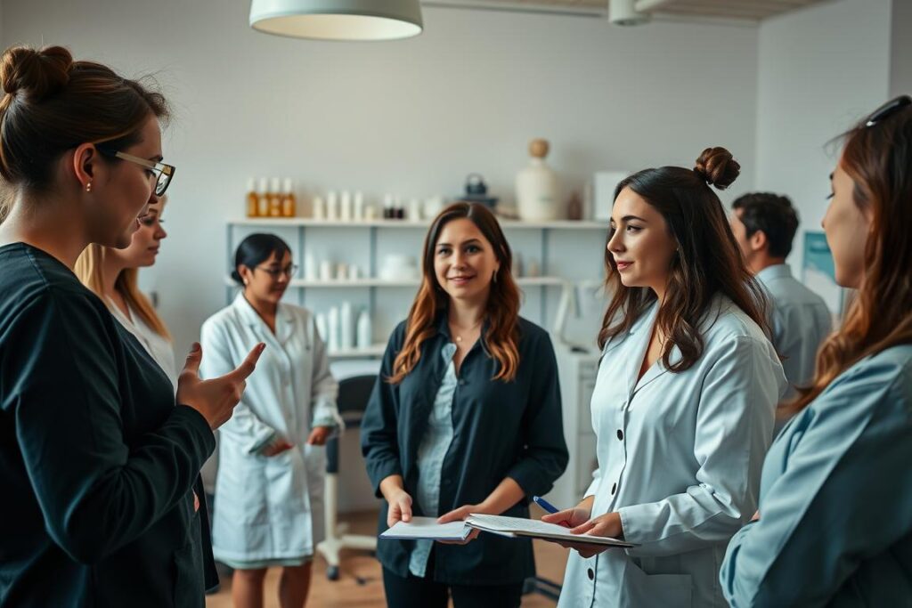 A team of budding aestheticians gather in a well-lit studio, discussing common mistakes made by newcomers to the field. The foreground features a pair of aestheticians gesticulating animatedly, while in the middle ground, others take notes and observe attentively. The background showcases an array of skincare products and equipment, hinting at the technical details of their craft. Soft, diffused lighting creates a warm, educational atmosphere, inviting the viewer to learn alongside this dedicated group of professionals.