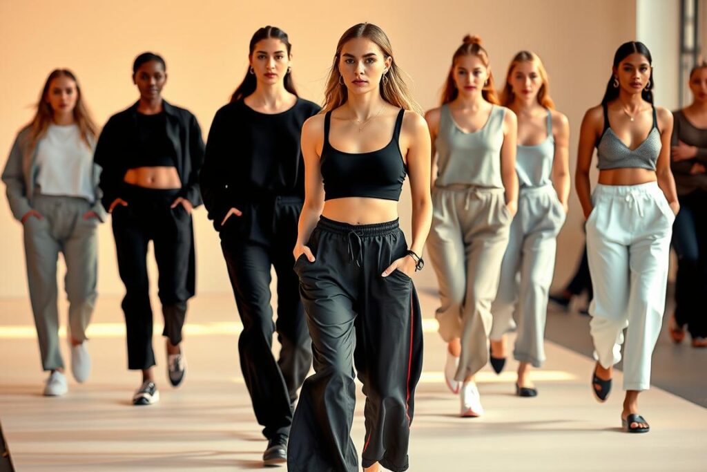 A chic, modern streetwear collection showcasing the perfect blend of comfort and functionality. A diverse team of fashion designers, stylists, and models collaborate to create a dynamic, on-trend runway display. Sleek, minimalist silhouettes in high-quality fabrics like soft cotton and breathable mesh. Subtle pops of color accentuate the clean lines, while adjustable waistbands and hidden pockets prioritize ease of movement. Warm, natural lighting illuminates the scene, capturing the effortless sophistication of the designs. The models exude confidence as they stride the catwalk, embodying the intersection of style and practicality that defines the modern streetwear aesthetic.