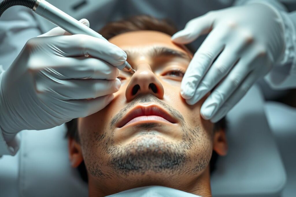 A close-up, high-resolution ultrasound image of a male facial treatment, with a team of professional aestheticians performing a microfocused procedure. The image should convey a sense of precision, expertise, and a clinical yet soothing atmosphere. The lighting should be soft and even, with a subtle depth of field to highlight the technicians' hands and the subject's skin. The composition should be carefully framed, showcasing the intricate details of the treatment while maintaining a sense of intimacy and care. The overall mood should evoke a feeling of trust, comfort, and the promise of a transformative, masculine-focused aesthetic experience.