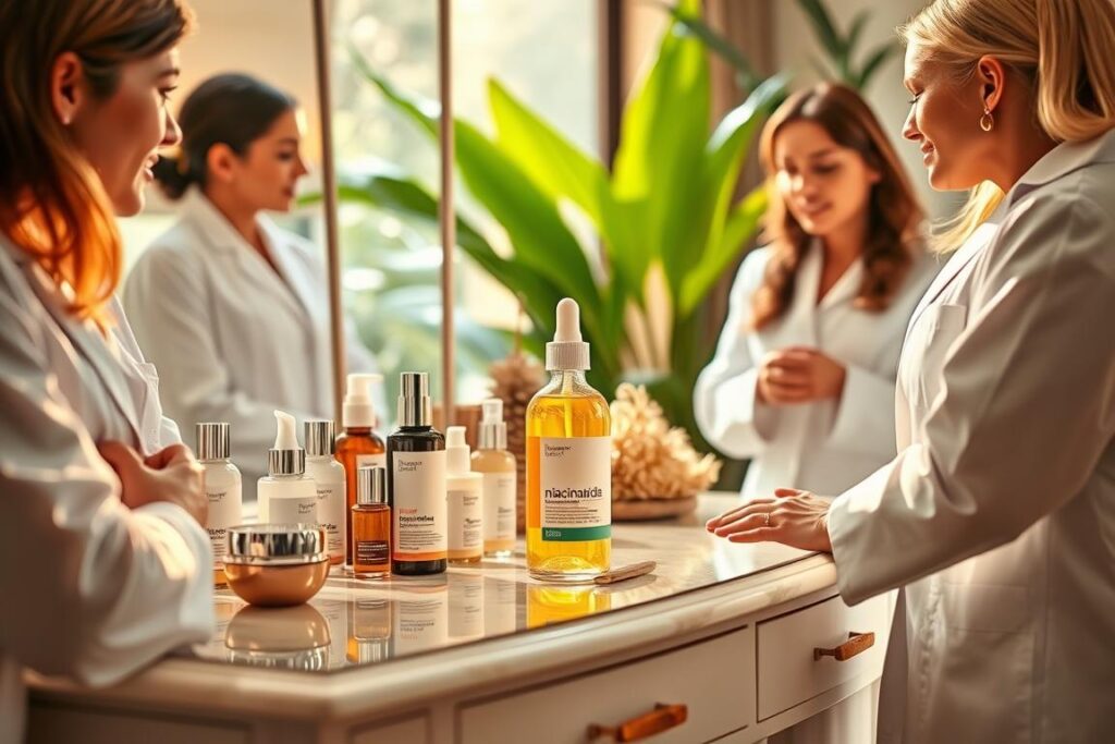 A close-up shot of an elegant vanity table, bathed in warm, soft lighting. On the table, an array of skincare products including a bottle of niacinamide serum, set against a backdrop of lush greenery and natural textures. In the foreground, a group of professional estheticians in crisp white coats examine the products, discussing their benefits for acne-prone skin. The scene conveys a sense of expertise, wellness, and the transformative power of niacinamide in achieving a radiant, healthy complexion.