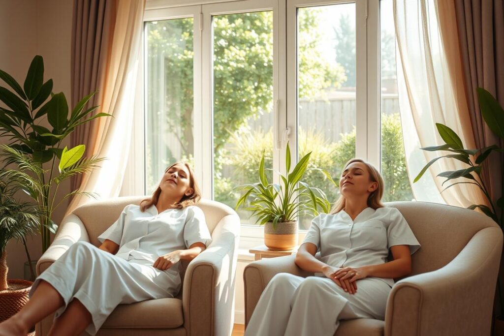 A cozy, sun-dappled living room with plush armchairs and a large window overlooking a verdant garden. Two female estheticians, dressed in crisp white uniforms, recline in the chairs, eyes closed, faces serene. Soft lighting filters through sheer curtains, casting a warm, tranquil glow. The room exudes a sense of peaceful rejuvenation, with plants and natural elements adding to the calming atmosphere. The estheticians embody the idea of "descanso como autocuidado" - a moment of restorative rest and self-care amidst their professional duties.