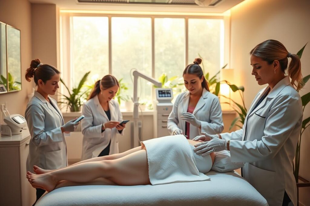 A cozy, well-lit medical spa setting. In the foreground, a team of experienced aestheticians in crisp, white lab coats perform non-invasive body treatments on a relaxed client. Gentle, soothing lighting casts a warm glow, highlighting the professionals' attentive expressions as they employ cutting-edge, non-surgical techniques to contour and sculpt the client's figure. The middle ground features sleek, modern medical equipment and serene decor, creating an atmosphere of tranquility and expertise. In the background, lush greenery and soft, diffused light evoke a sense of natural rejuvenation, complementing the clinical yet calming ambiance.