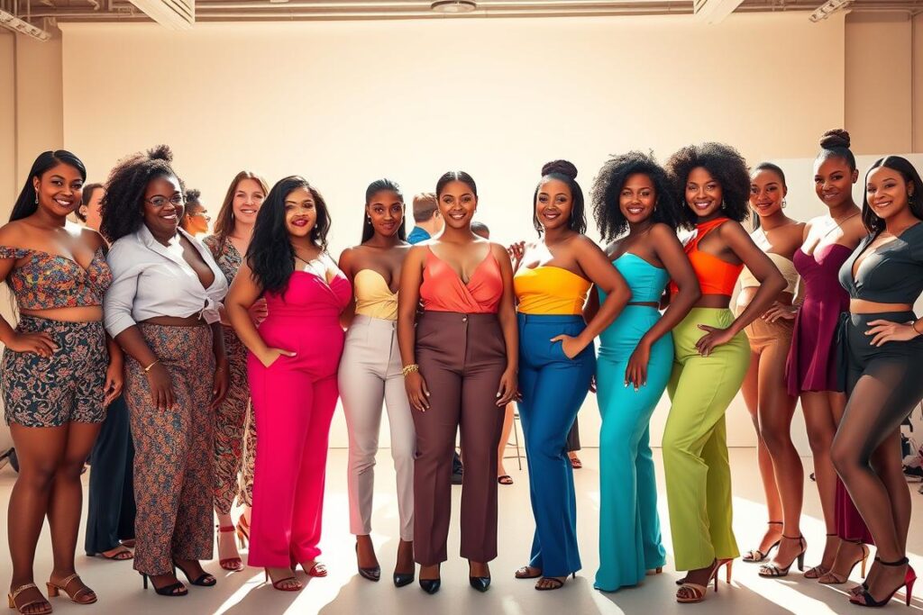 A diverse group of models wearing vibrant, body-positive fashion stands confidently in a sunlit studio. The foreground features a range of sizes and shapes, each individual styled in flattering, tailored garments that accentuate their unique features. In the middle ground, fashion professionals - hair stylists, makeup artists, and designers - collaborate to create the looks, their expressions engaged and focused. The background is a softly blurred backdrop, allowing the central scene to take full visual prominence. Warm, natural lighting bathes the entire composition, conveying a sense of empowerment, inclusivity, and celebration of diverse beauty.