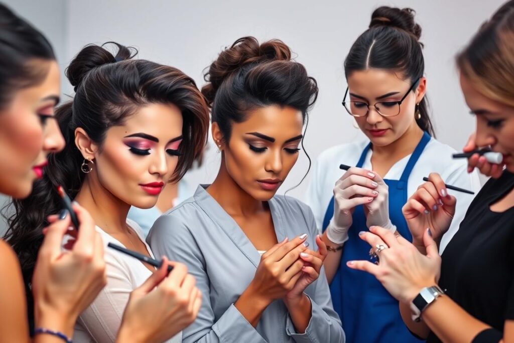 A diverse team of beauty professionals, each expertly wielding their specialized tools, collaboratively crafting a captivating aesthetic fusion. In the foreground, a skilled makeup artist delicately blends vibrant pigments, while a hairstylist masterfully sculpts strands into a sophisticated coiffure. In the middle ground, an aesthetician meticulously applies targeted skincare treatments, her focused gaze reflecting the artistry of her work. In the background, a nail technician meticulously adorns fingers with intricate designs, the soft light catching the subtle shimmer of the polish. The scene exudes a harmonious balance of technical precision and creative expression, capturing the essence of "combinação de procedimentos" - the seamless integration of diverse beauty practices.