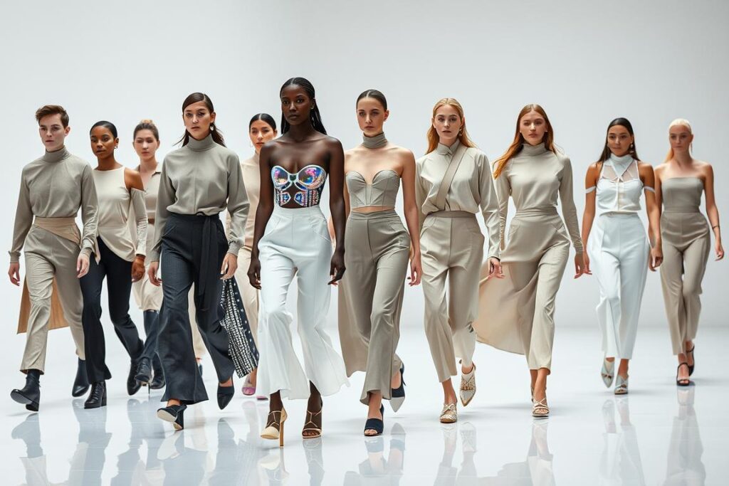 A diverse team of fashion professionals showcases the latest in genderless technology-infused apparel. Sleek, minimalist designs in neutral tones feature embedded smart sensors and integrated circuitry. Fabrics shimmer with iridescent threads, while holographic accents create an avant-garde, futuristic aesthetic. Carefully positioned lighting highlights the clean lines and innovative silhouettes, creating a sense of timeless elegance. The models, representing a range of gender expressions, confidently stride across a stark, reflective stage, demonstrating the versatility and inclusivity of this new era of fashionable tech.