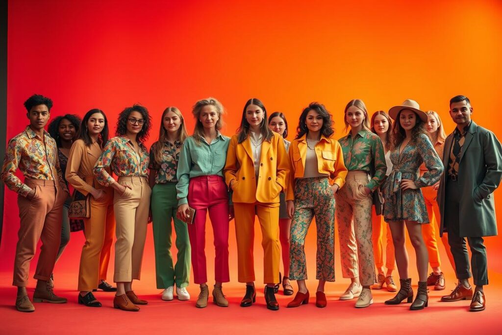 A dynamic team of fashion industry professionals, dressed in vibrant, eco-conscious attire, stands against a backdrop of vibrant, saturated colors that evoke the latest sustainable color trends. The scene is bathed in warm, diffused lighting, creating a sense of depth and atmosphere. The models' poses exude a confident, forward-looking energy, while the carefully curated color palette and textural details reflect the innovative spirit of sustainable fashion. The image captures the intersection of style, sustainability, and the vision for the future of the industry.