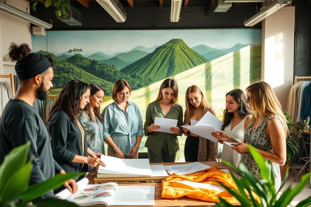 A dynamic team of fashion professionals gathered in a vibrant, eco-friendly studio, examining sustainable textile samples and sketching innovative circular fashion designs. Soft natural lighting illuminates their faces as they discuss the challenges of implementing circular practices in the Brazilian fashion industry. In the background, a mural depicting a lush, verdant landscape symbolizes the environmental impact of sustainable fashion choices. The scene conveys a sense of collaboration, creativity, and a commitment to tackling the complexities of the circular fashion movement.