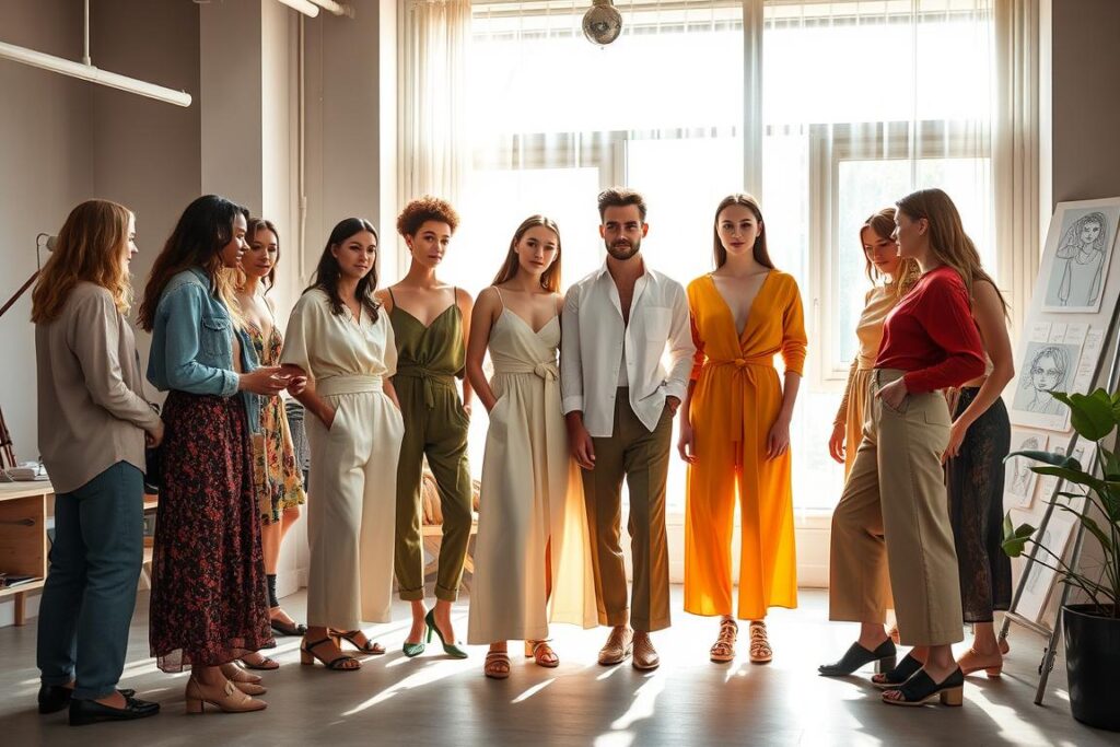 A fashion-forward team of stylists, models, and designers gather in a chic, modern studio. Soft natural light filters through large windows, casting a warm glow on the scene. The models showcase the latest sustainable fashion trends - organic fabrics, vibrant colors, and minimalist silhouettes. The team collaborates, arranging the outfits to create a cohesive, visually striking look. In the background, mood boards and sketches hint at the creative process. The overall atmosphere exudes a sense of innovation, environmental consciousness, and a celebration of the future of conscious fashion.