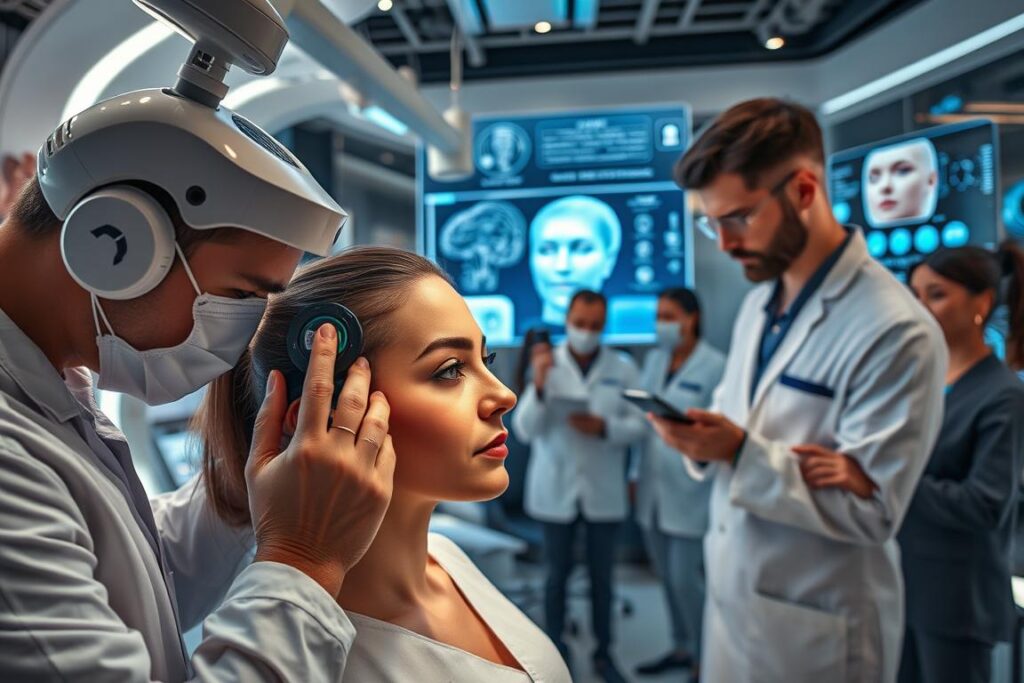 A group of skilled aesthetic professionals working together in a sleek, modern studio filled with the latest AI-powered tools and devices. In the foreground, a technician meticulously scans a client's face, capturing intricate details. In the middle ground, a team of experts analyzes data and collaborates on personalized treatment plans. The background features holographic displays showcasing the profound impact of AI on facial aesthetics, from virtual makeovers to predictive skin analysis. The scene exudes an atmosphere of innovation, precision, and the transformative power of AI-driven beauty solutions.