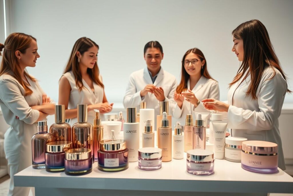 A high-end dermocosmetic product display, showcasing a collection of luxurious skincare items on a sleek, minimalist table. The scene is bathed in soft, warm lighting, highlighting the smooth, glossy textures of the bottles and jars. In the foreground, a team of professional aestheticians examines the products, discussing their unique formulations and benefits. Their expressions convey an air of expertise and enthusiasm. The middle ground features carefully arranged product samples, neatly organized to invite closer inspection. The background is a clean, uncluttered space, allowing the products to take center stage. The overall atmosphere is one of sophistication, innovation, and a dedication to delivering the best in skincare solutions.