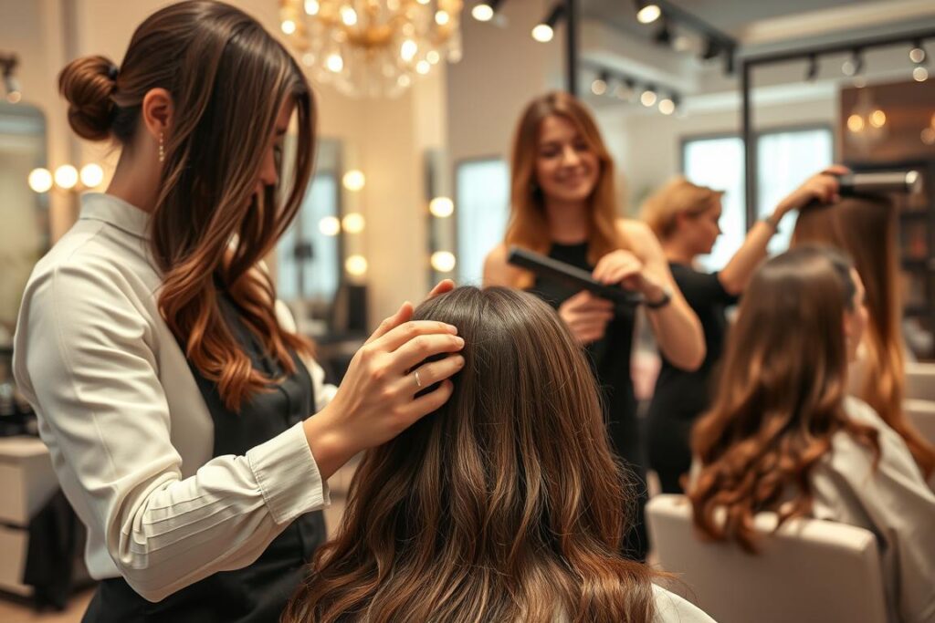A high-end hair salon, the soft lighting casting a warm glow on a team of skilled stylists carefully applying hair treatments to their clients. In the foreground, a stylist gently massages a rich, nourishing serum into the ends of a customer's damaged locks, their expert fingers working to rebuild and restore the hair's strength and luster. In the middle ground, another stylist stands, holding a ceramic straightening iron, expertly smoothing and straightening a client's hair, while in the background, a third stylist trims and shapes the healthy, vibrant tresses of a fourth customer, creating a harmonious scene of professional hair care and rejuvenation.