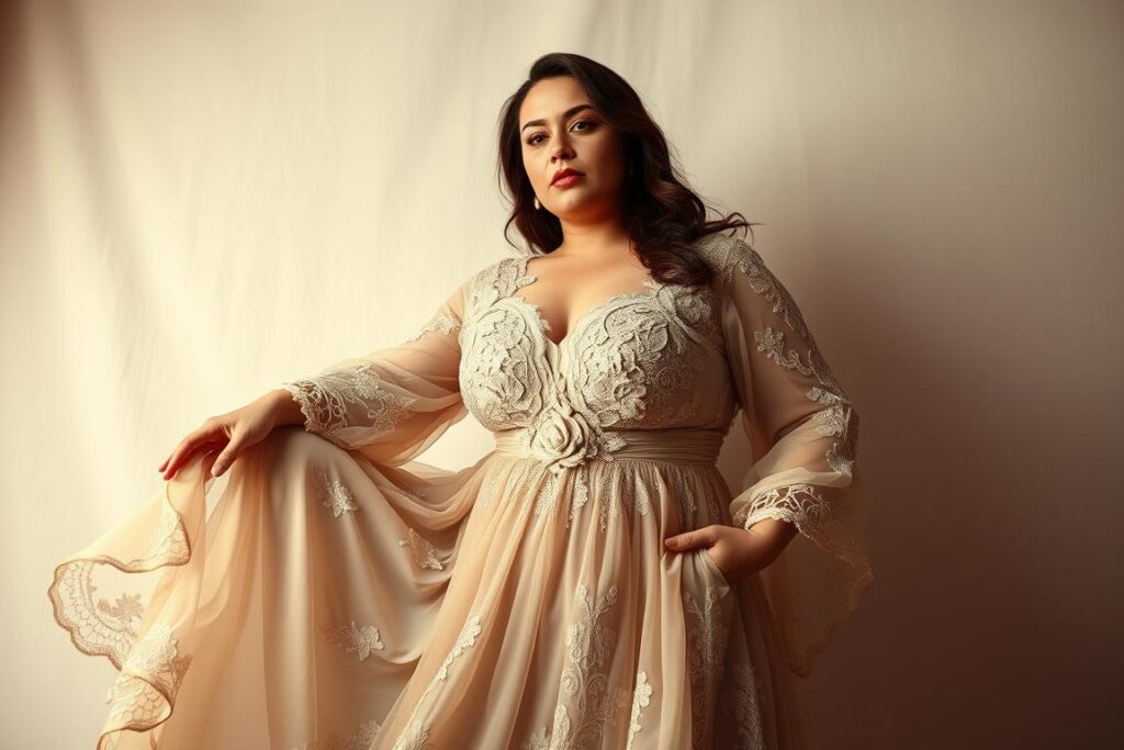 A high-fashion editorial photoshoot featuring an elegant plus-size model posing against a soft, ethereal background. The model wears a flowing gown embellished with delicate lace and intricate embroidered details, highlighting the beauty and artistry of these timeless design elements. Subtle, flattering lighting accentuates the model's features and the luxurious textures of the garment. The overall mood is one of refined sophistication and effortless style, capturing the essence of the "Rendas e bordados: detalhes que elevam o estilo" trend for the 2025 plus-size fashion landscape.