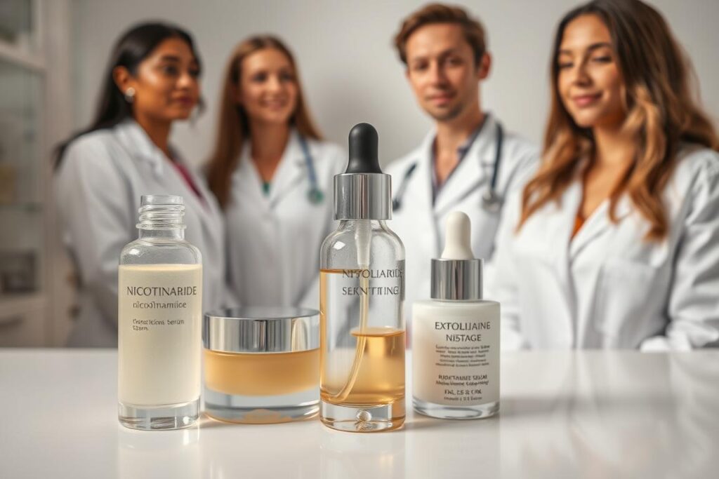 A high-quality close-up image of an elegant combination of skincare ingredients, including a translucent gel-like nicotinamide serum, a creamy moisturizer, and an exfoliating serum bottle, all arranged on a pristine white surface. The lighting is soft and diffused, creating a warm, inviting atmosphere. The focus is on the textures and colors of the products, highlighting their synergistic properties. In the background, a team of professional aestheticians, dressed in crisp white lab coats, observe the scene, their expressions conveying a sense of expertise and scientific curiosity.