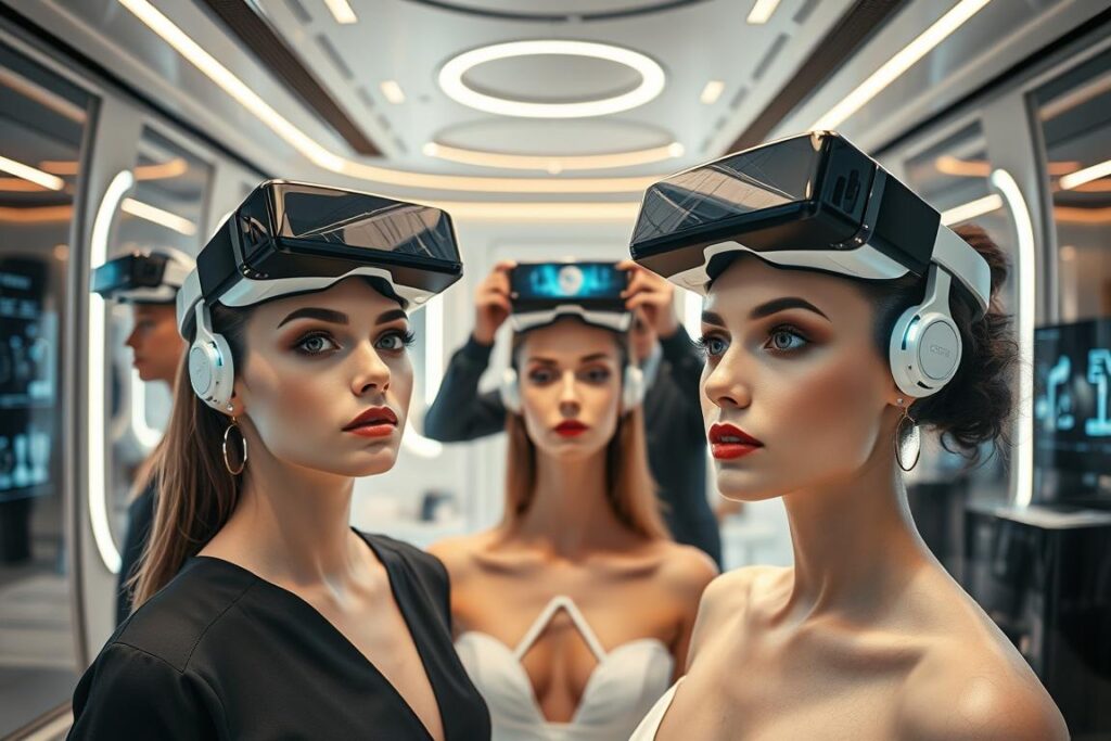 A high-tech, immersive beauty studio, where a team of skilled aesthetic professionals harness the power of augmented reality to transform and enhance the appearance of their clients. In the foreground, models showcase the latest AR-powered cosmetic and skincare innovations, their features digitally enhanced with precision. In the middle ground, technicians expertly calibrate AR headsets and adjust holographic displays, while the background reveals a sleek, futuristic space with gleaming surfaces and dynamic lighting. Convey a sense of innovation, personalization, and the seamless integration of cutting-edge technology into the beauty industry.