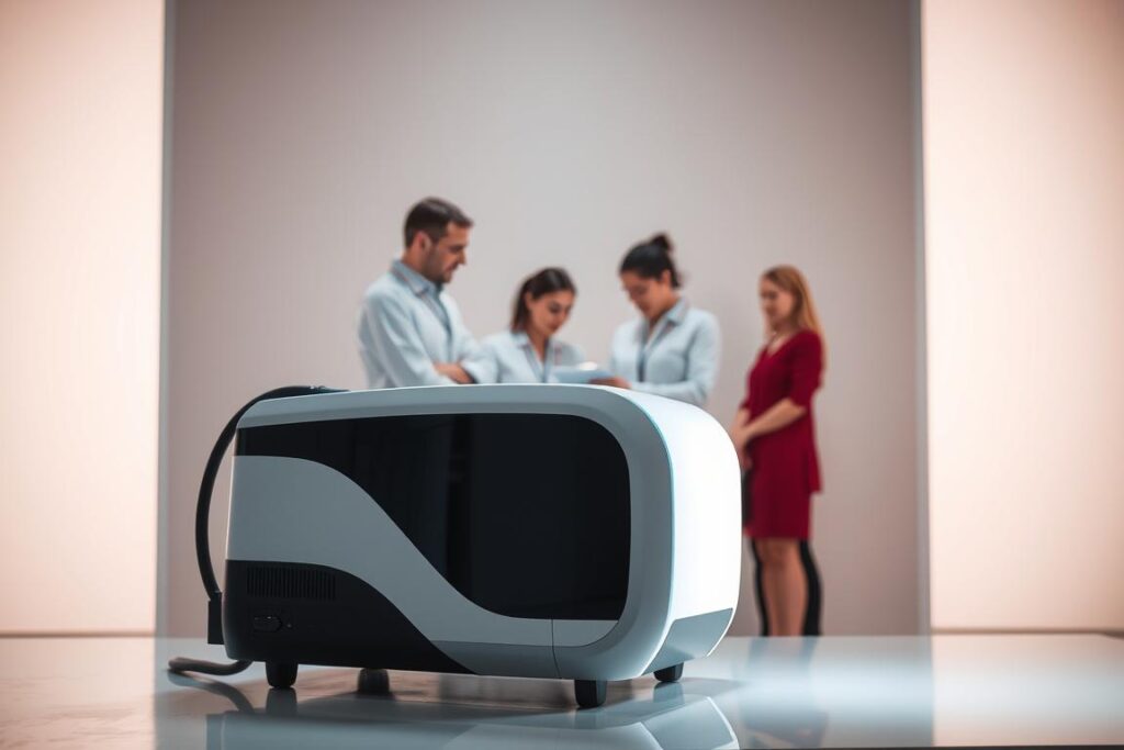 A high-tech laser device, its sleek design reflecting the precision of its function. The device stands prominently in the foreground, illuminated by a soft, diffused light that casts subtle shadows, highlighting its intricate components. In the middle ground, a team of aesthetic professionals examines the device, their expressions focused and attentive, as they prepare to utilize its advanced technology. The background is a clean, minimalist setting, allowing the laser device and the team to be the central focus, conveying the sophistication and expertise of the endolaser corporal procedure.