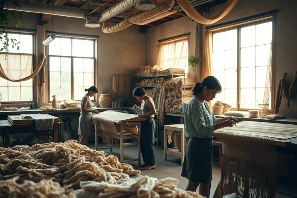 A lush, sustainable textile studio with a team of artisans crafting intricate, tactile fabrics. Natural fibers and dyes create a warm, earthy palette. Sunlight filters through large windows, casting a soft glow on the work surfaces. In the foreground, skilled hands weave delicate patterns, while behind them, bolts of luxurious, eco-conscious materials are neatly arranged. The atmosphere is one of quiet focus and thoughtful design, reflecting the responsible luxury of the "Sustainable Textures" concept.