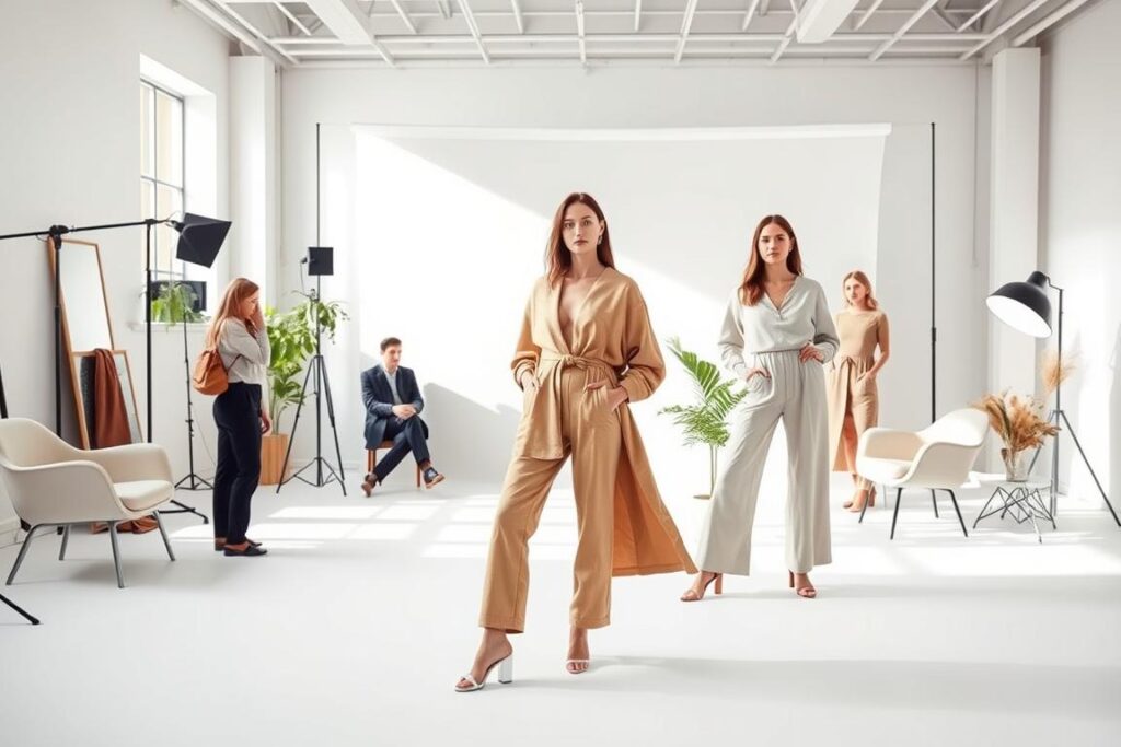 A minimalist fashion studio with a team of professional stylists, make-up artists, and photographers. Clean, bright, and airy setting with natural light pouring in through large windows. Sleek, modern furniture and minimal decor create a serene atmosphere. The models wear simple yet elegant outfits in neutral tones, showcasing the versatility of minimalist design. Soft, diffused lighting highlights the natural features of the models, creating a timeless, effortless aesthetic. The composition features a balanced, symmetrical layout, with the models posed gracefully against a plain white backdrop, allowing the focus to remain on the clothing and styling.