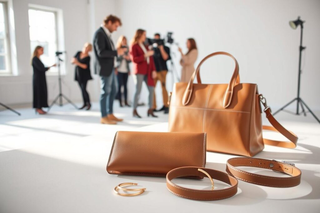 A minimalist still life featuring a carefully curated selection of contemporary fashion accessories. In the foreground, a sleek leather handbag, a pair of delicate gold hoop earrings, and a slim leather belt rest on a neutral-colored surface, bathed in soft, diffuse lighting. In the middle ground, a team of professional stylists arrange and adjust the accessories, their movements precise and deliberate. The background is a serene, minimalist studio setting, with clean white walls and natural light filtering in through large windows, creating a sense of tranquility and focus.