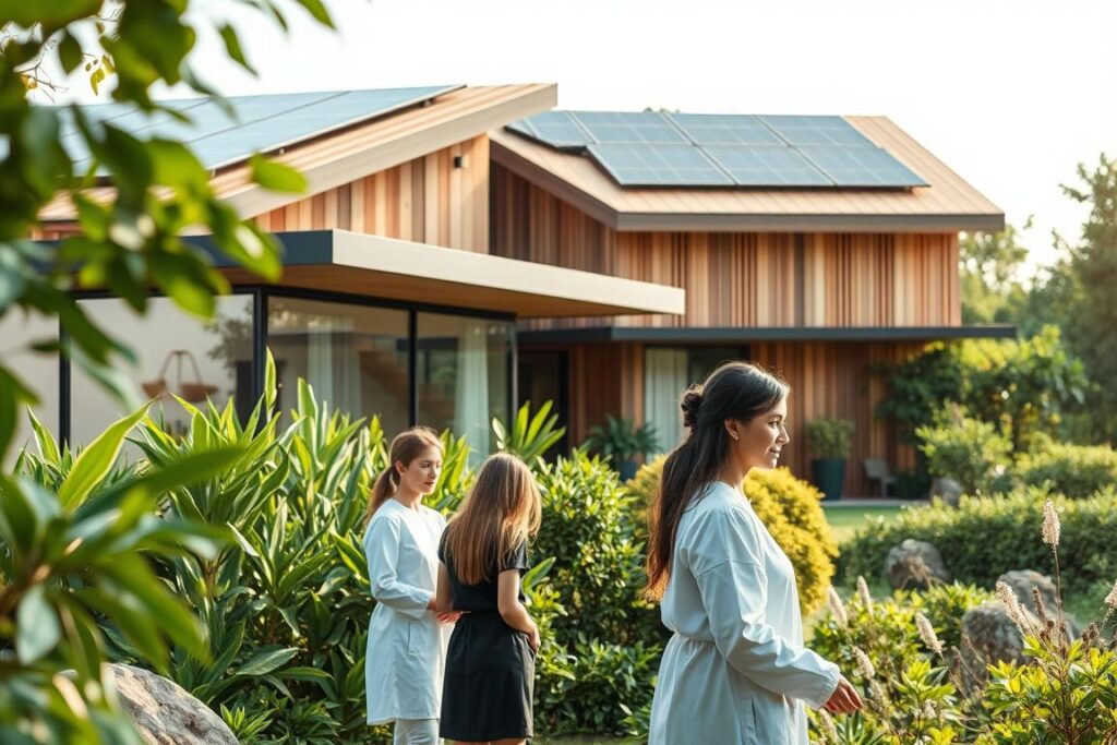 A modern, eco-friendly aesthetic clinic nestled in a lush, verdant landscape. The building's design seamlessly blends sustainable materials like reclaimed wood and solar panels, creating a harmonious balance between nature and technology. In the foreground, a team of skilled aestheticians attends to clients, their expressions conveying a sense of tranquility and care. Soft, natural lighting filters through large windows, casting a warm glow and emphasizing the clinic's commitment to well-being and environmental responsibility. The background features a serene garden with native flora, a reflection of the clinic's holistic approach to beauty and wellness.