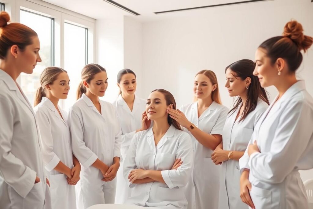 A modern, minimalist spa setting with a team of aestheticians focused on skin wellness. Soft, natural lighting filters through floor-to-ceiling windows, illuminating a pristine white space. In the center, a group of professionals in crisp, white uniforms stand around a client, their expressions serene and attentive. They gently examine the client's face, discussing skin analysis and a customized treatment plan. The overall atmosphere is one of tranquility, expertise, and a holistic approach to skincare.