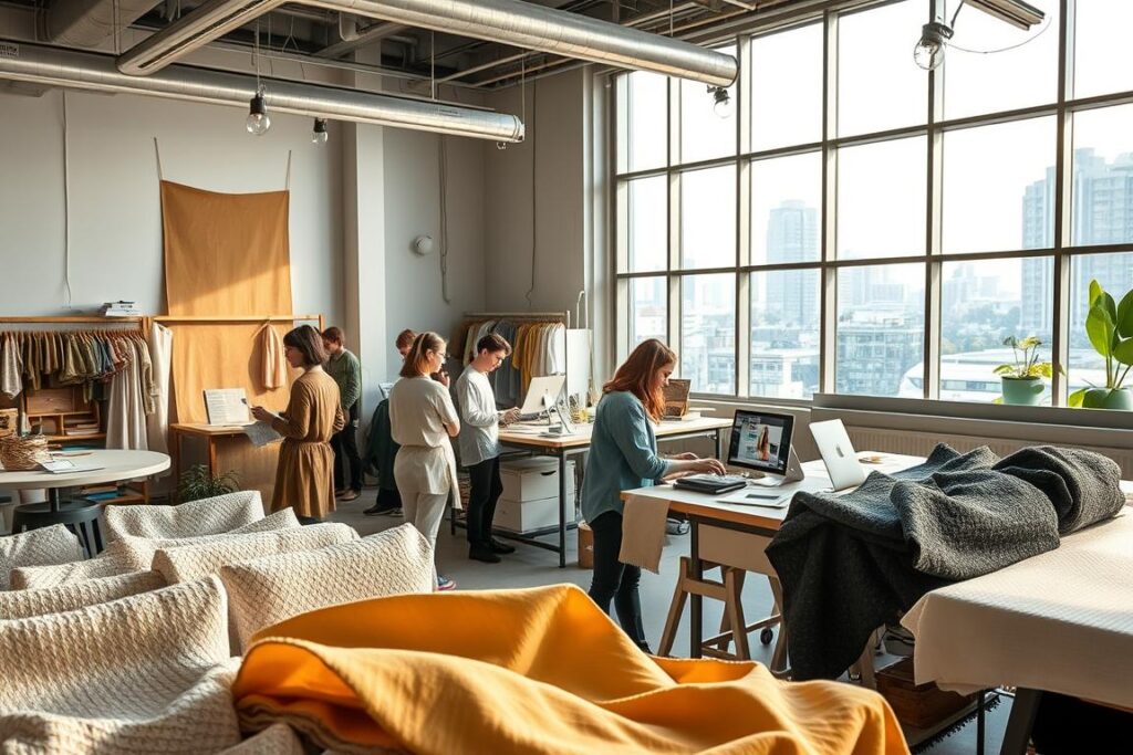 A modern textile design studio filled with sustainable fabrics, textiles, and innovative technologies. In the foreground, a team of fashion designers and textile engineers collaborating on new fabric prototypes, using advanced digital tools and 3D modeling software. The middle ground showcases bolts of organic cotton, recycled polyester, and plant-based materials, each with unique textures and hues. The background features a large, bright window overlooking an urban landscape, casting a warm, natural glow across the studio. The overall scene conveys a sense of creativity, innovation, and environmental consciousness in the fashion industry.