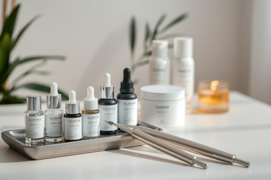 A neatly arranged display of professional skincare products for microneedling procedures. In the foreground, a tray holds various vials, serums, and creams with sleek, minimalist packaging. In the middle ground, a set of high-quality stainless steel microneedling tools rests on a clean, light-colored surface, casting subtle shadows. The background features a softly blurred, serene environment, perhaps a spa-like setting with natural elements like plants or soft lighting, conveying a sense of relaxation and wellness. The overall composition is well-balanced, with a focus on the specialized products that work in harmony to enhance the microneedling experience for both the practitioner and the client. The lighting is gentle, highlighting the textures and details of the items, creating an inviting and professional atmosphere.