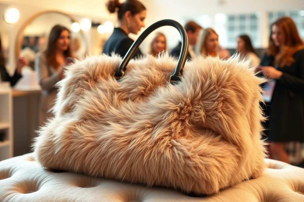 A plush, luxurious handbag rests on a soft, inviting surface. The bag's exterior is covered in a sumptuous, high-quality faux fur material, giving it a cozy and indulgent appearance. The lighting is soft and diffused, creating a warm and welcoming atmosphere. In the background, a team of fashion and beauty professionals examines the bag, assessing its quality and design. The scene conveys a sense of comfort, sophistication, and the return of fashion's focus on accessible luxury.