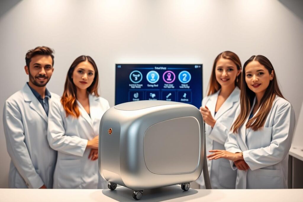 A professional aesthetics team showcases a state-of-the-art laser hair removal device against a sleek, minimalist backdrop. The device's smooth, silver casing gleams under soft, directional lighting, casting subtle shadows that accentuate its elegant, ergonomic design. In the foreground, the team members, dressed in crisp, white lab coats, demonstrate the proper handling and operation of the laser, their expressions calm and confident. The middle ground features a display showing the device's various settings and safety features, while the background subtly hints at a modern, well-equipped clinic environment, creating an atmosphere of professionalism and technological advancement.