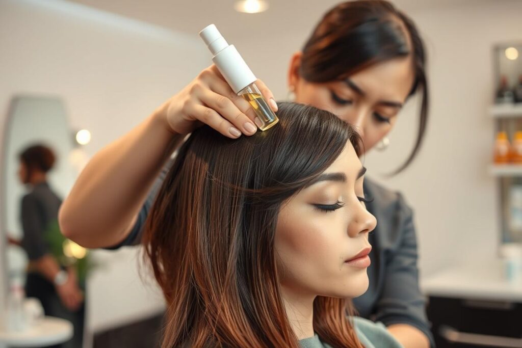 A professional hairstylist carefully applying a nourishing hair treatment to a client's dry, damaged locks in a well-lit salon. The stylist's skilled hands work the restorative serum into the client's hair, creating a smooth, glossy finish. The client's eyes are closed as they relax, trusting the stylist's expertise. The salon's clean, modern decor provides a calming backdrop, with warm lighting highlighting the transformation. The client's hair appears revitalized, signaling the effectiveness of the intensive "cauterização capilar" treatment.