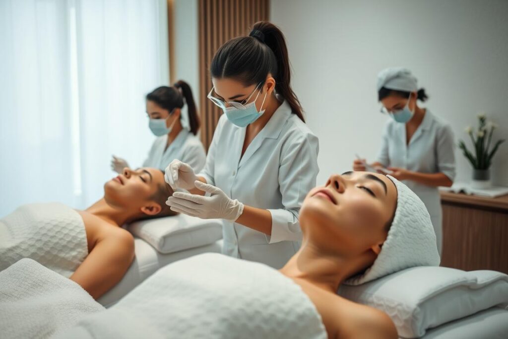 A professional skincare routine: Three individuals in a luxurious spa setting, each undergoing a unique skincare treatment. In the foreground, a technician expertly administers a facial massage, while in the middle ground, another specialist applies a rejuvenating mask. In the background, a third person relaxes on a spa table, soaking in the tranquil ambiance of the space. The lighting is soft and diffused, creating a serene and calming atmosphere. The scene is captured through a wide-angle lens, emphasizing the harmonious collaboration between the skincare professionals and their clients, showcasing the high-end, personalized nature of the experience.
