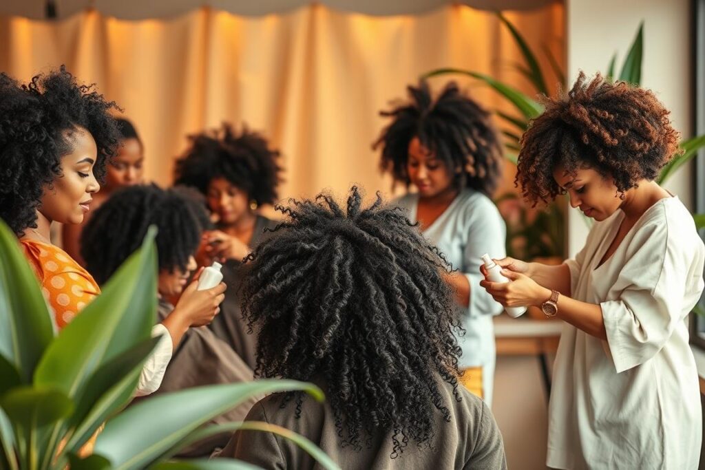 A serene and inviting natural hair care routine for curly locks. In the foreground, a diverse group of hair stylists carefully tend to the needs of their clients, using high-quality, natural products. The middle ground showcases an array of curly hair types, each being treated with the utmost care and attention. In the background, a softly lit, soothing environment with natural elements like plants and warm, diffused lighting creates a calming, spa-like atmosphere. The scene conveys a sense of inclusivity, professionalism, and a deep understanding of the unique requirements of diverse hair textures. The overall mood is one of tranquility, pampering, and a celebration of the beauty of natural curls.