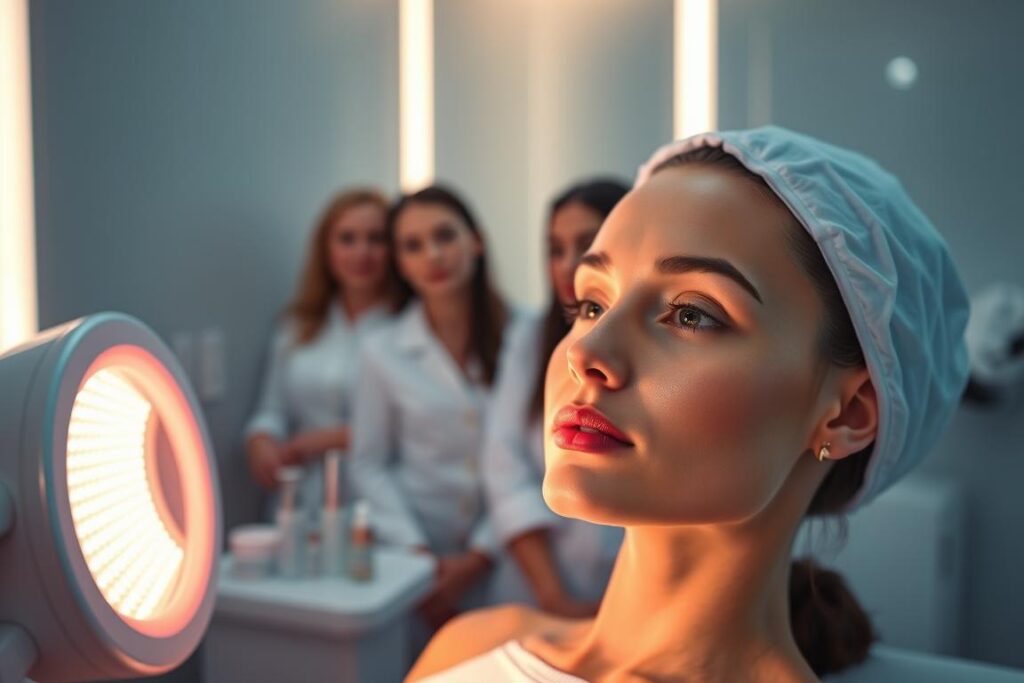 A serene clinical setting with soft, diffused lighting and a team of professional aestheticians. In the foreground, a model's face is illuminated by a cutting-edge LED light therapy device, its warm glow caressing her skin. The middle ground features the aestheticians, their expressions calm and focused, as they monitor the treatment's progress. The background showcases state-of-the-art skincare products and equipment, creating an atmosphere of advanced, holistic skin rejuvenation. Subtle hues of blues and greens evoke a sense of tranquility and therapeutic effectiveness, capturing the essence of LED light therapy's benefits for the skin.