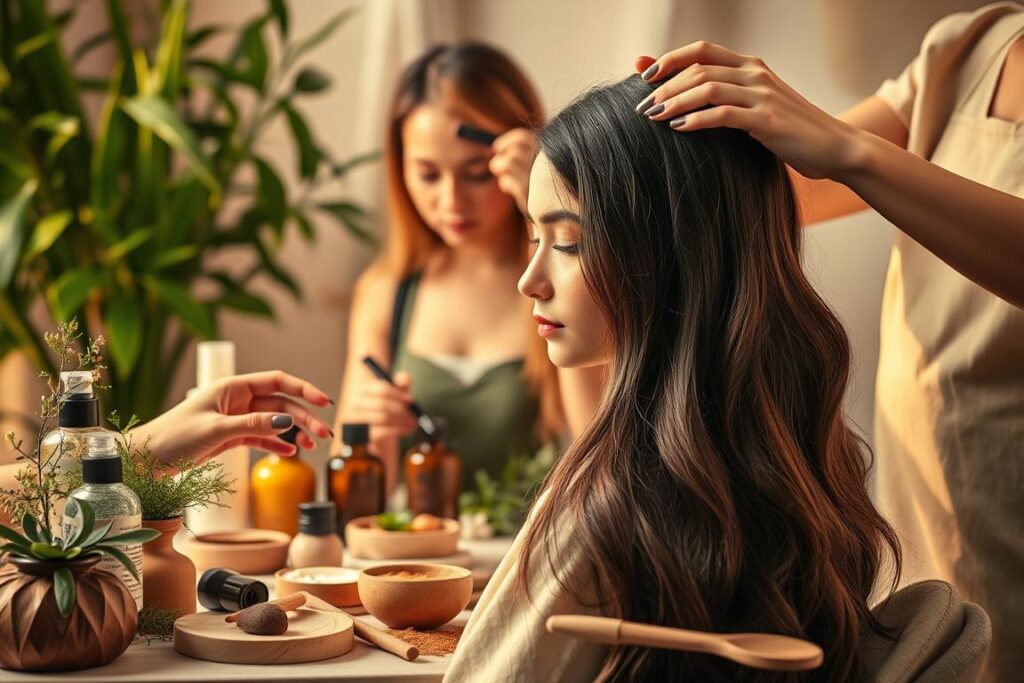 A serene, ethereal scene depicting a team of eco-friendly beauty professionals tending to a model's lush, glossy hair. In the foreground, their hands gently massage and style the model's locks, using natural, plant-based products. The middle ground showcases an array of sustainable, minimalist beauty tools and ingredients, their textures and colors creating a harmonious visual tapestry. In the background, a softly lit, nature-inspired setting with verdant foliage and soothing, earthy tones sets the stage for this sustainable hair care ritual. Warm, diffused lighting casts a serene, almost heavenly glow, capturing the essence of "beleza eco-friendly para fios" in a visually captivating and aspirational manner.
