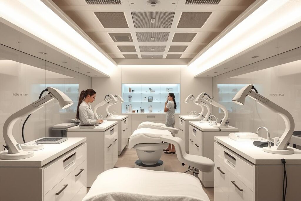 A serene, high-tech skin care laboratory, bathed in soft, diffused lighting. Sleek, minimalist workstations are manned by a team of attentive estheticians, each focused on meticulously analyzing and treating a client's delicate complexion. Cutting-edge diagnostic tools and state-of-the-art treatment devices are strategically placed, hinting at the advanced, personalized solutions on offer. The atmosphere is one of quiet professionalism and science-driven wellness, perfectly suited to addressing the unique needs of sensitive skin types. Subtle earth tones and natural materials lend a sense of calming, nature-inspired balance to the high-tech setting.