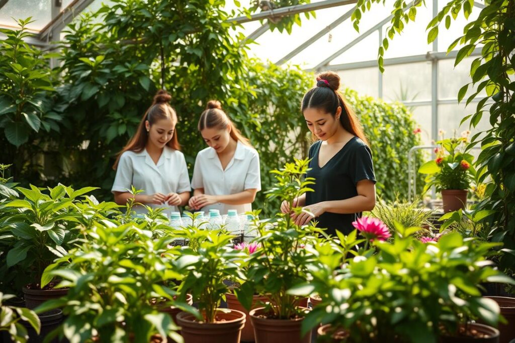 A serene, lush garden oasis where a team of professional aestheticians work harmoniously, surrounded by verdant foliage and natural light. In the foreground, skilled hands tend to potted plants, creating a tranquil, eco-friendly atmosphere. The middle ground showcases the aestheticians performing various sustainable beauty treatments, their expressions focused and their movements graceful. In the background, a sunlit greenhouse filled with thriving, ethically sourced flowers and herbs sets the stage for this vision of sustainable beauty. The overall scene conveys a sense of harmony, balance, and a deep respect for the natural world.