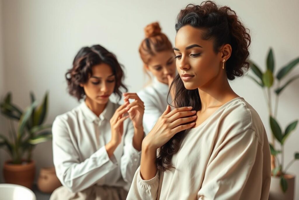 A serene, minimalist scene depicting a team of conscious hair care professionals in a natural, well-lit setting. In the foreground, a stylish yet relaxed woman intently examining the texture of a client's hair, her movements graceful and purposeful. In the middle ground, another stylist carefully applying an all-natural hair treatment to a model, their expressions focused and tranquil. The background features a soothing, earthy color palette, with potted plants and soft, diffused lighting creating a calming, spa-like atmosphere. Convey a sense of intentionality, self-care, and a holistic approach to beauty through the pose, expressions, and overall aesthetic.