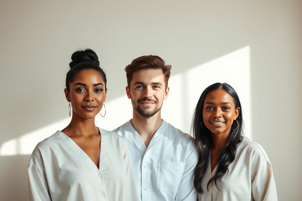 A serene, minimalist skin care studio featuring a team of professional aestheticians. The scene depicts three diverse individuals - a woman, a man, and a non-binary person - standing together, their faces illuminated by soft, natural lighting. They wear clean, modern attire and exude an aura of expertise and tranquility. The background is a soothing, muted palette, allowing the subjects to take center stage. The overall mood is one of harmony, wellness, and a pared-down, holistic approach to skin health and beauty. The image conveys the essence of "skin minimalism" - an elegant, streamlined aesthetic that prioritizes simplicity, nourishment, and radiance.