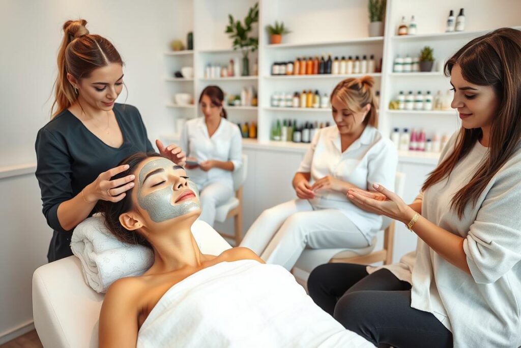 A serene skincare studio, where a team of skilled aestheticians tenderly attend to their clients. Soft lighting accentuates the clean, minimalist decor, creating a calming atmosphere. In the foreground, a young woman reclines comfortably as an aesthetician meticulously applies a nourishing face mask, her expression one of tranquil relaxation. In the middle ground, another aesthetician gently massages the hands of an older client, their faces reflecting a sense of rejuvenation. The background showcases a wall of natural skincare products, their vibrant colors and organic textures hinting at the holistic approach of this establishment. An aura of serene professionalism permeates the scene, inviting the viewer to experience the benefits of preventive skincare.
