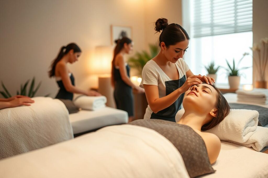 A serene spa setting, with a team of skilled aesthetic professionals tending to the skin and body of their clients. Soft lighting illuminates a tranquil scene, where rejuvenating treatments are applied with care and expertise. The foreground features a masseuse kneading away tension, while in the middle ground, an esthetician performs a facial, gently exfoliating and nourishing the complexion. In the background, a relaxation area invites visitors to unwind, surrounded by plants and soothing decor. The overall atmosphere conveys a sense of well-being, harmony, and the transformative power of combined aesthetic treatments.