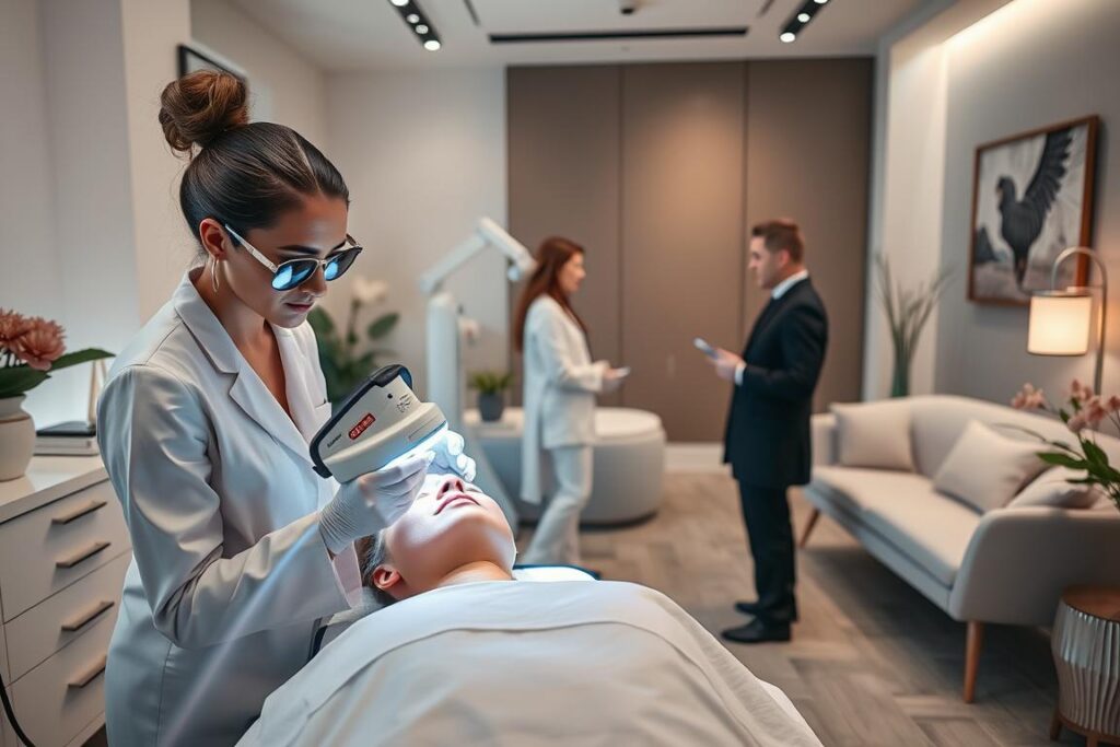 A sleek, minimalist medical spa setting with a team of aesthetic professionals showcasing popular cosmetic procedures. In the foreground, a stylish cosmetologist performs a state-of-the-art laser facial treatment on a serene client, bathed in soft, diffused lighting. In the middle ground, a skilled dermatologist consults with a patient about a non-surgical body contouring session, surrounded by modern medical equipment. The background features a tranquil lounge area where clients await their appointments, surrounded by soothing decor and natural elements that evoke a sense of relaxation and wellness. The scene conveys an atmosphere of expertise, innovation, and elevated aesthetic experiences.