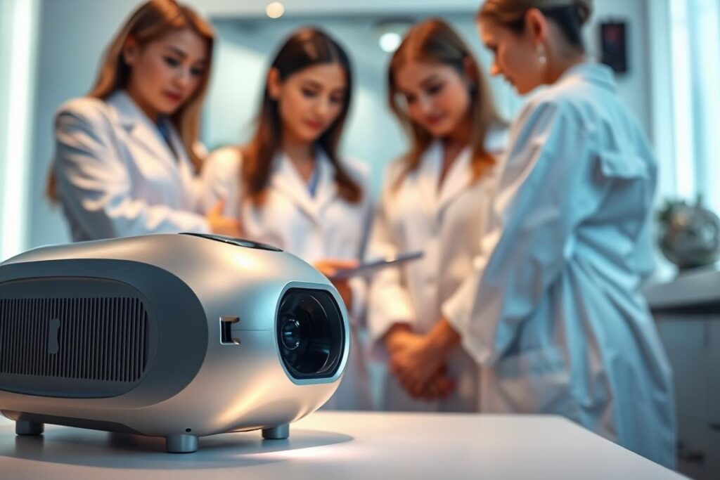 A sleek, modern laser diode device sits prominently in the foreground, its polished metal casing gleaming under focused lighting. In the middle ground, a team of aestheticians, clad in crisp white coats, examines the device with expressions of concentration and expertise. The background is softly blurred, suggesting a professional medical or spa-like setting, emphasizing the versatility and efficiency of this advanced laser technology. The scene conveys a sense of cutting-edge innovation and precision in the field of laser hair removal.