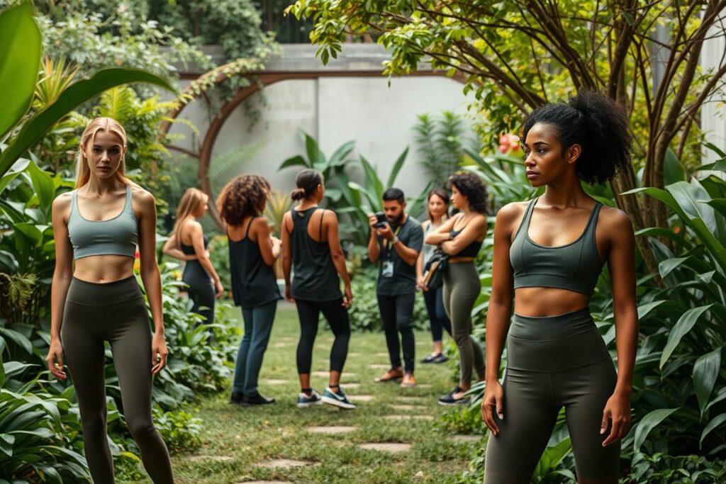 A sustainable fitness fashion photoshoot in a lush, verdant setting. In the foreground, models showcase eco-friendly activewear made from recycled materials, with clean lines and muted earth-toned palettes. The middle ground features a team of stylists, makeup artists, and photographers collaborating to capture the essence of mindful, responsible design. In the background, a serene garden oasis with flourishing greenery, natural textures, and soft, diffused lighting, creating a calming, harmonious atmosphere that embodies the principles of sustainability.