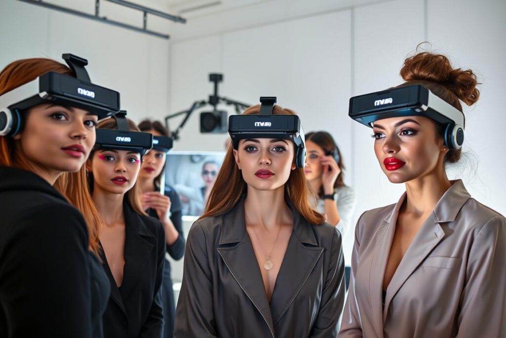 A team of beauty professionals experimenting with augmented reality technology in a sleek, modern studio. The foreground features models wearing AR makeup and accessories, their expressions conveying a sense of wonder and excitement. In the middle ground, technicians manipulate holographic displays, adjusting virtual enhancements. The background showcases a minimalist, well-lit space with clean lines and a neutral color palette, highlighting the intersection of technology and aesthetics. Soft, directional lighting creates dramatic shadows and highlights, emphasizing the interplay of physical and digital elements. An atmosphere of innovation and creativity pervades the scene, capturing the challenges and potential of AR in the beauty industry.