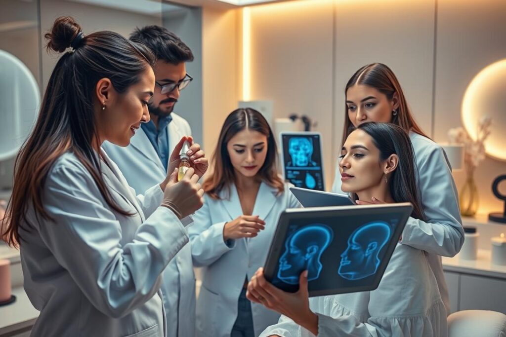 A team of professional aestheticians gather around a client, examining her skin and discussing the potential applications of their cutting-edge neurocosmetic treatments. In the foreground, a scientist carefully dispenses a serum infused with neuropeptides, while in the middle ground, a dermatologist analyzes the client's facial scans on a high-tech tablet. The background is filled with sleek, modern medical equipment and soothing, neutral-toned decor, creating a serene and sophisticated atmosphere. Soft, warm lighting casts a gentle glow across the scene, highlighting the experts' focused expressions and the client's hopeful anticipation.