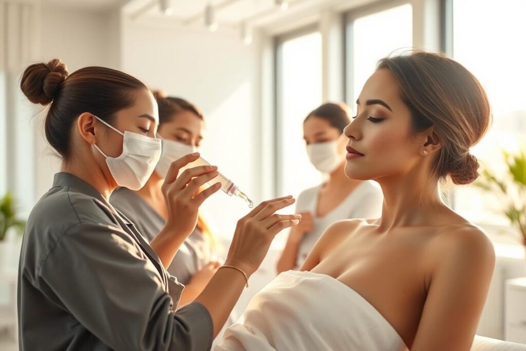 A team of professional aestheticians in a modern, airy studio, carefully applying hydrating hyaluronic acid serum to a model's youthful, radiant skin. Soft, natural lighting filters through large windows, casting a warm glow. The scene evokes a sense of relaxation and rejuvenation, with the hyaluronic acid represented as a shimmering, translucent liquid cascading over the skin. Elegant, minimalist decor and clean lines create a serene, spa-like atmosphere. The overall image conveys the power of hyaluronic acid to provide deep, intelligent hydration for spectacular skin in 2025.
