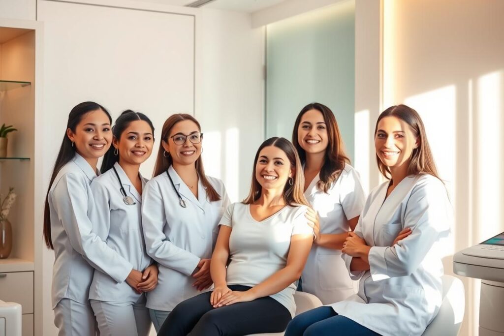 A team of professional aestheticians in a modern, well-lit clinic setting. Warm, natural lighting casts a soft glow over the team as they warmly greet and consult with satisfied clients. The clients' expressions convey a sense of contentment and relaxation, reflecting the positive outcomes of their aesthetic treatments. The clinic's clean, minimalist decor and state-of-the-art equipment create an atmosphere of trust and professionalism. The prompt aims to capture the essence of the "Depoimentos: Quem Experimenta Aprova" section, showcasing the expertise and customer satisfaction at the Renovalaser Clinic.