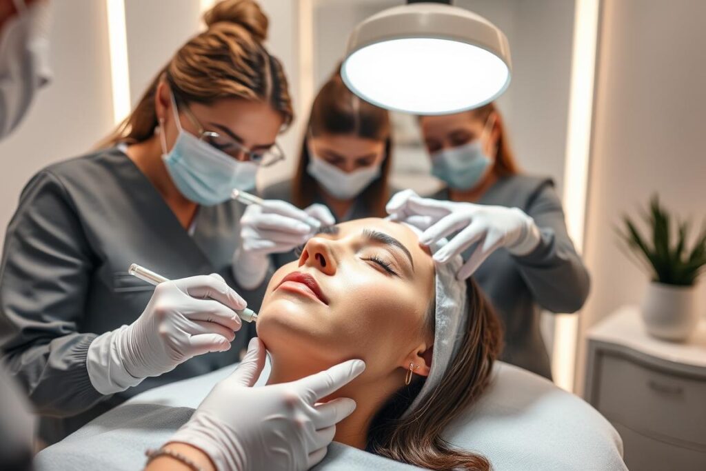 A team of professional aestheticians performing a facial microneedling treatment, showcasing the various benefits of the procedure. The scene depicts the process in a well-lit, modern skincare clinic, with the aestheticians using sterile equipment and implementing advanced techniques. The client's face is the focal point, highlighting the improved skin texture, radiance, and reduced appearance of fine lines and wrinkles. The overall atmosphere conveys a sense of relaxation, expertise, and the transformative power of microneedling for skin rejuvenation.