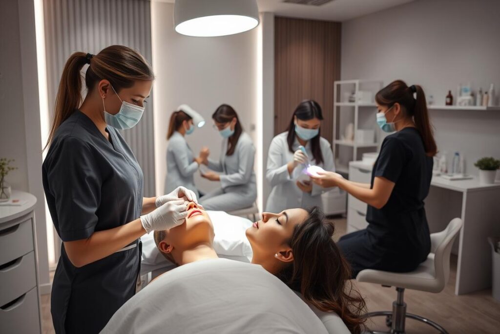 A team of professional aestheticians performing a variety of cosmetic procedures in a modern, well-lit clinic. The foreground showcases a beautician administering a facial treatment to a relaxed client, while in the middle ground, another technician performs a laser hair removal session. The background features other practitioners consulting with patients and preparing various skincare and beauty products. The scene exudes a calming, hygienic atmosphere with muted tones, clean lines, and a sense of expertise and care.