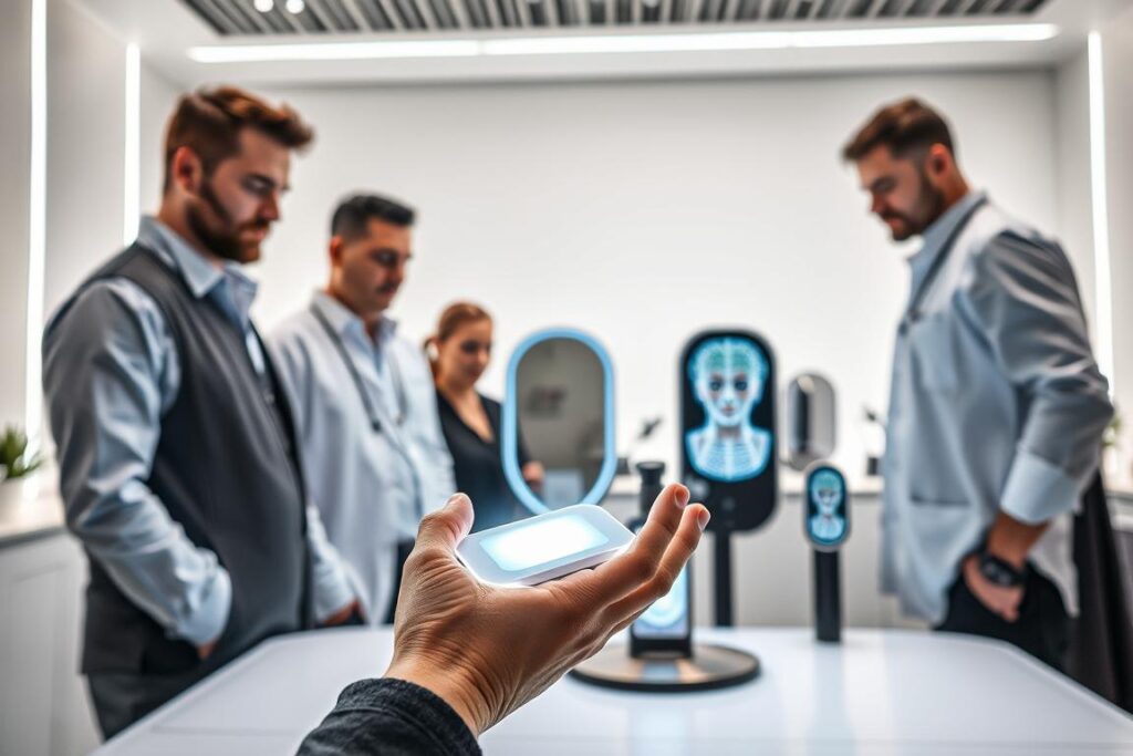 A team of professional aesthetics experts gathered around a sleek, futuristic workstation, showcasing innovative personal care technologies. In the foreground, a high-tech handheld device emits a soft, holographic interface. The middle ground features various smart mirrors and sensors that analyze skin and hair conditions. In the background, a minimalist, well-lit studio space with a calming, modern ambiance. The scene conveys a sense of technological advancement, precision, and personalized care in the field of male grooming and aesthetics.